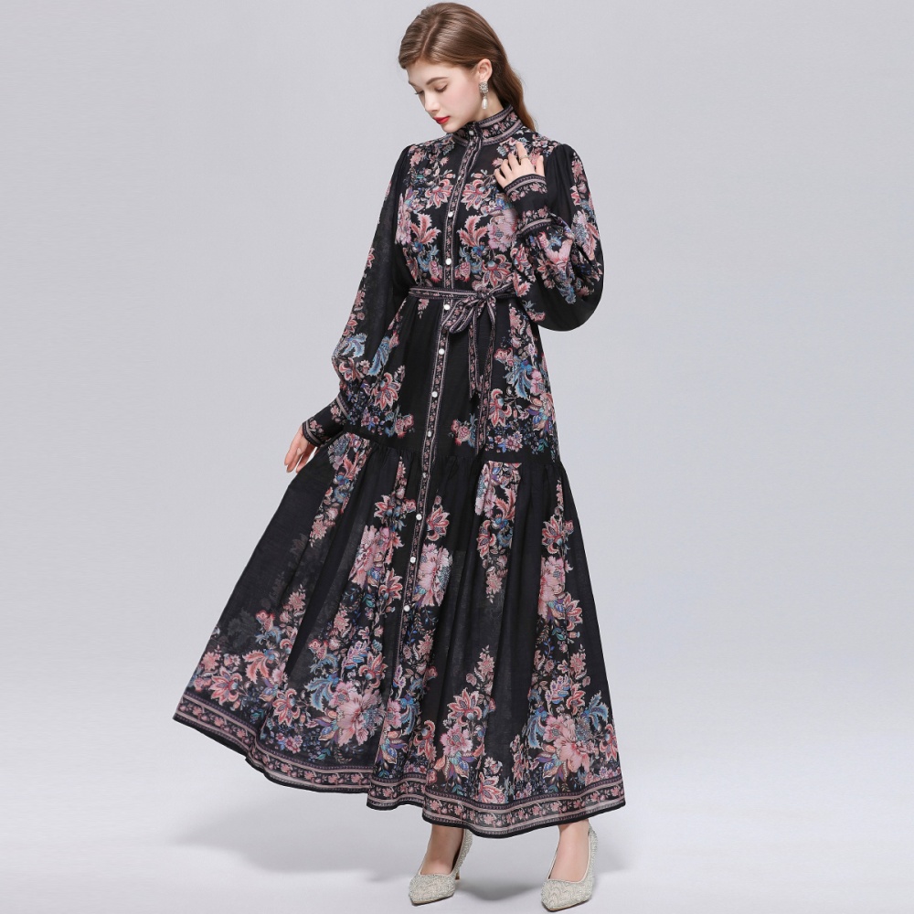 Long sleeve big skirt single-breasted printing dress