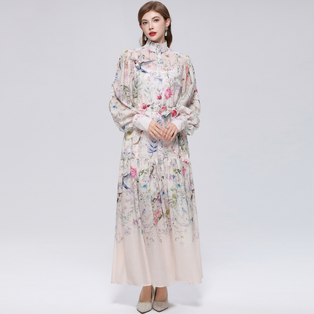 Niche cstand collar pinched waist single-breasted dress