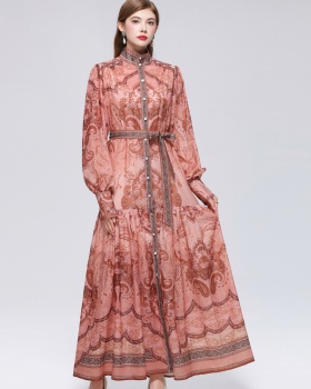 Pinched waist printing long sleeve big skirt dress