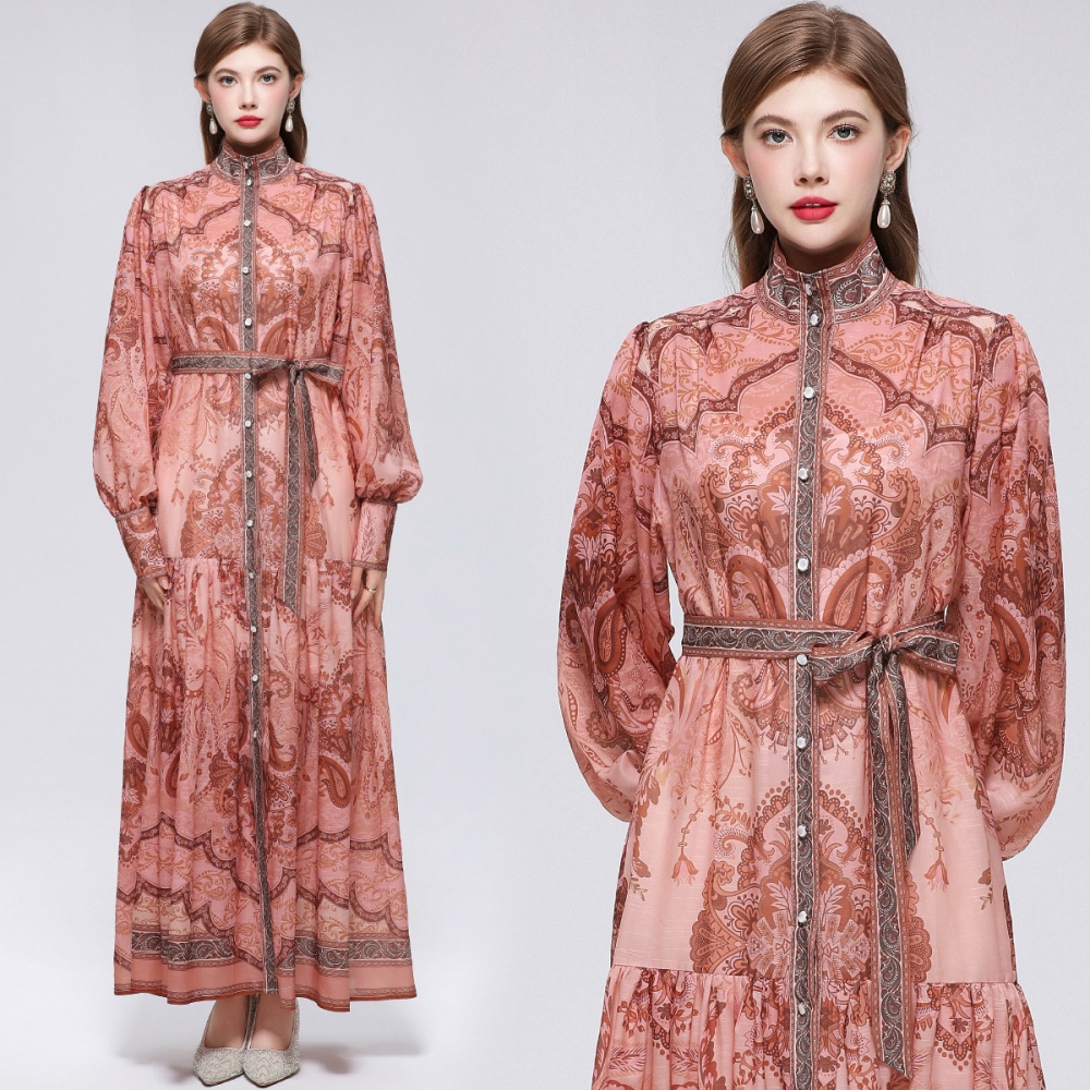 Pinched waist printing long sleeve big skirt dress