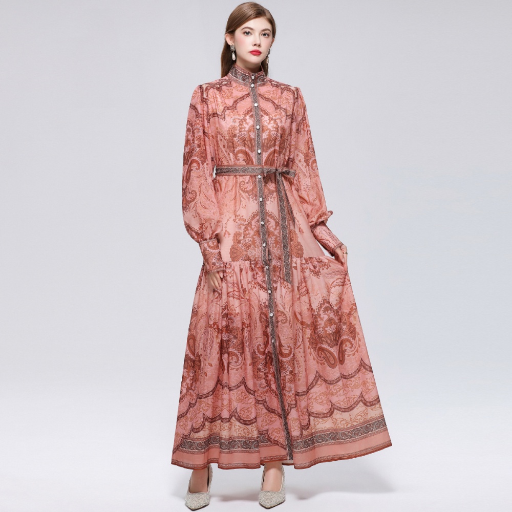 Pinched waist printing long sleeve big skirt dress