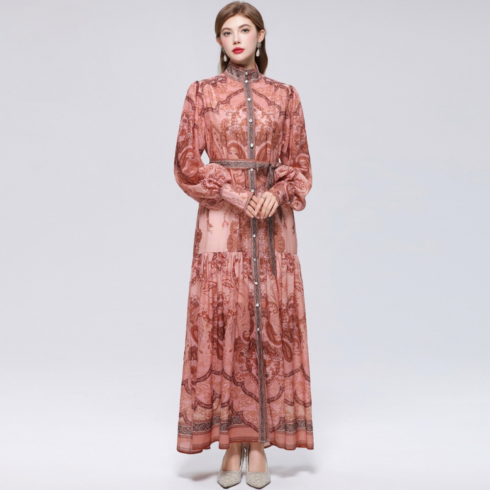 Pinched waist printing long sleeve big skirt dress