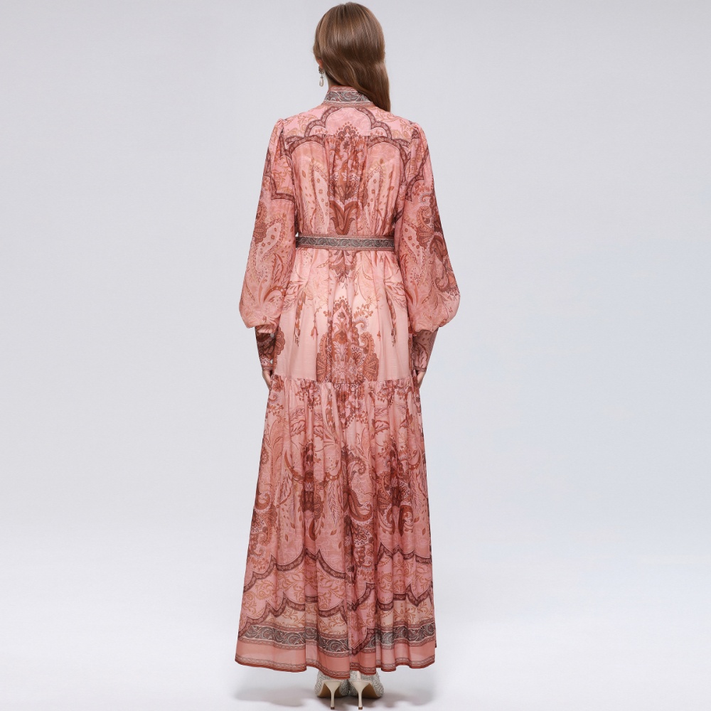 Pinched waist printing long sleeve big skirt dress