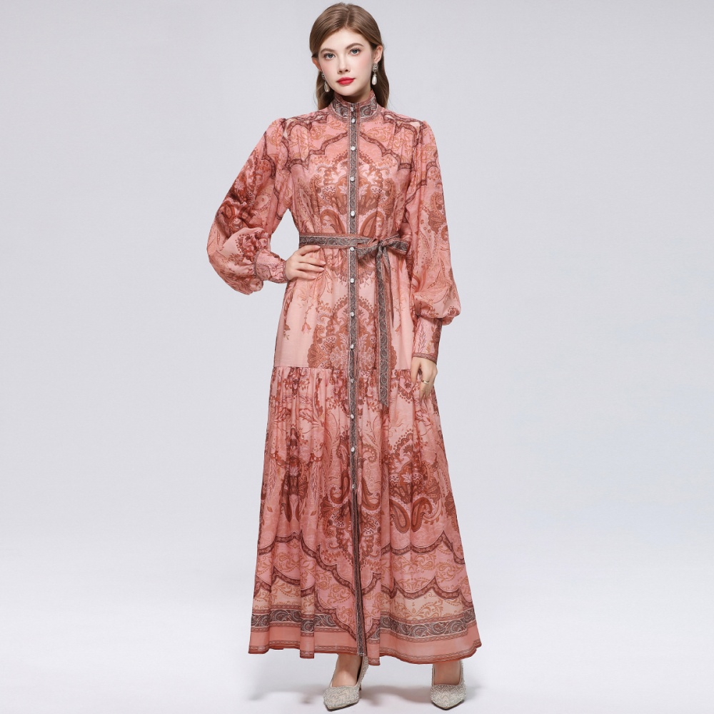 Pinched waist printing long sleeve big skirt dress