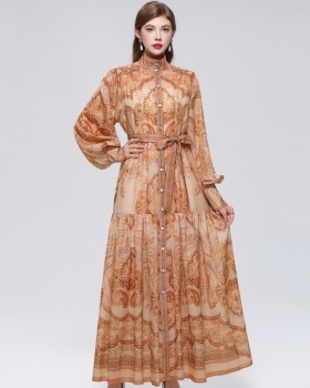 Niche France style printing pinched waist dress