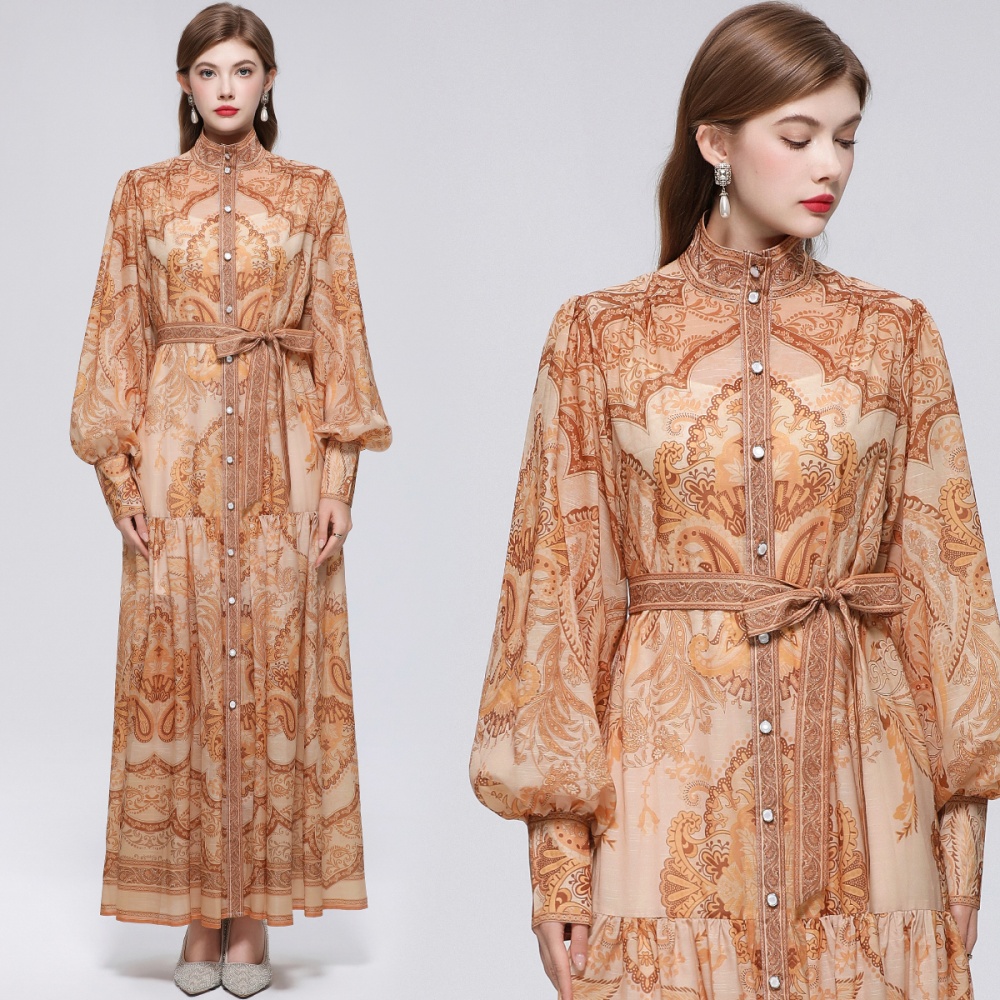 Niche France style printing pinched waist dress