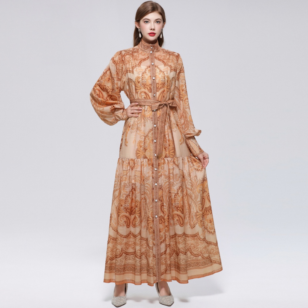 Niche France style printing pinched waist dress