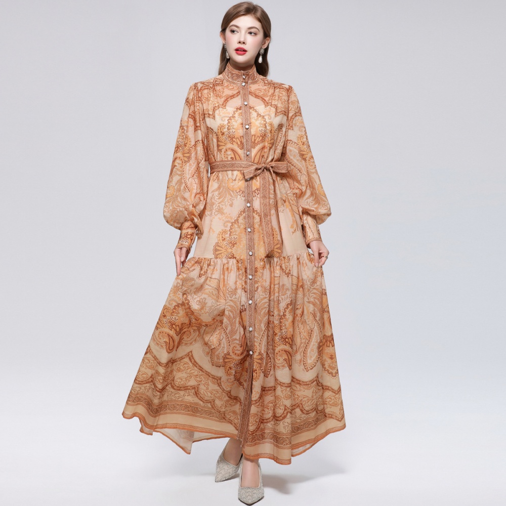 Niche France style printing pinched waist dress