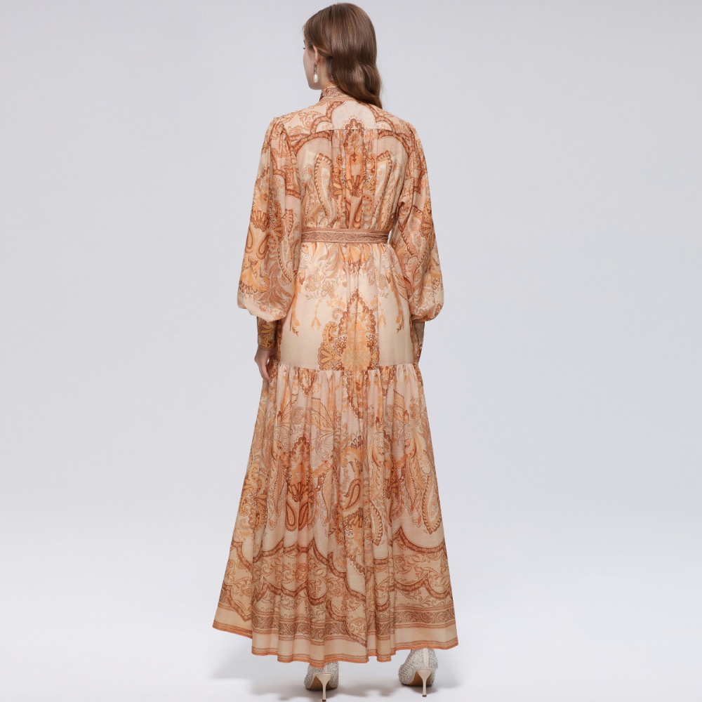 Niche France style printing pinched waist dress
