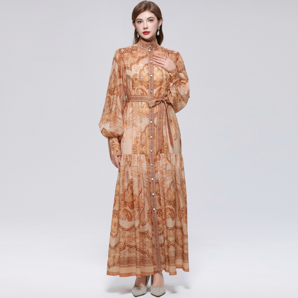 Niche France style printing pinched waist dress