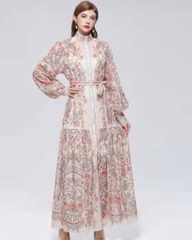 Niche cstand collar long sleeve printing dress