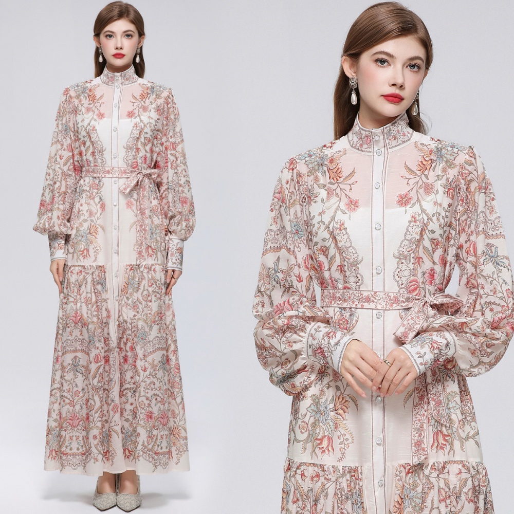 Niche cstand collar long sleeve printing dress