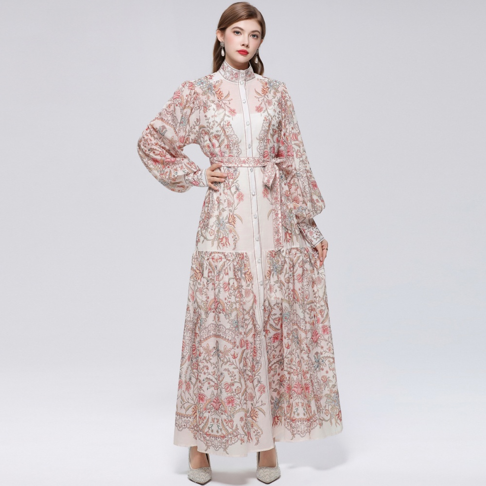 Niche cstand collar long sleeve printing dress