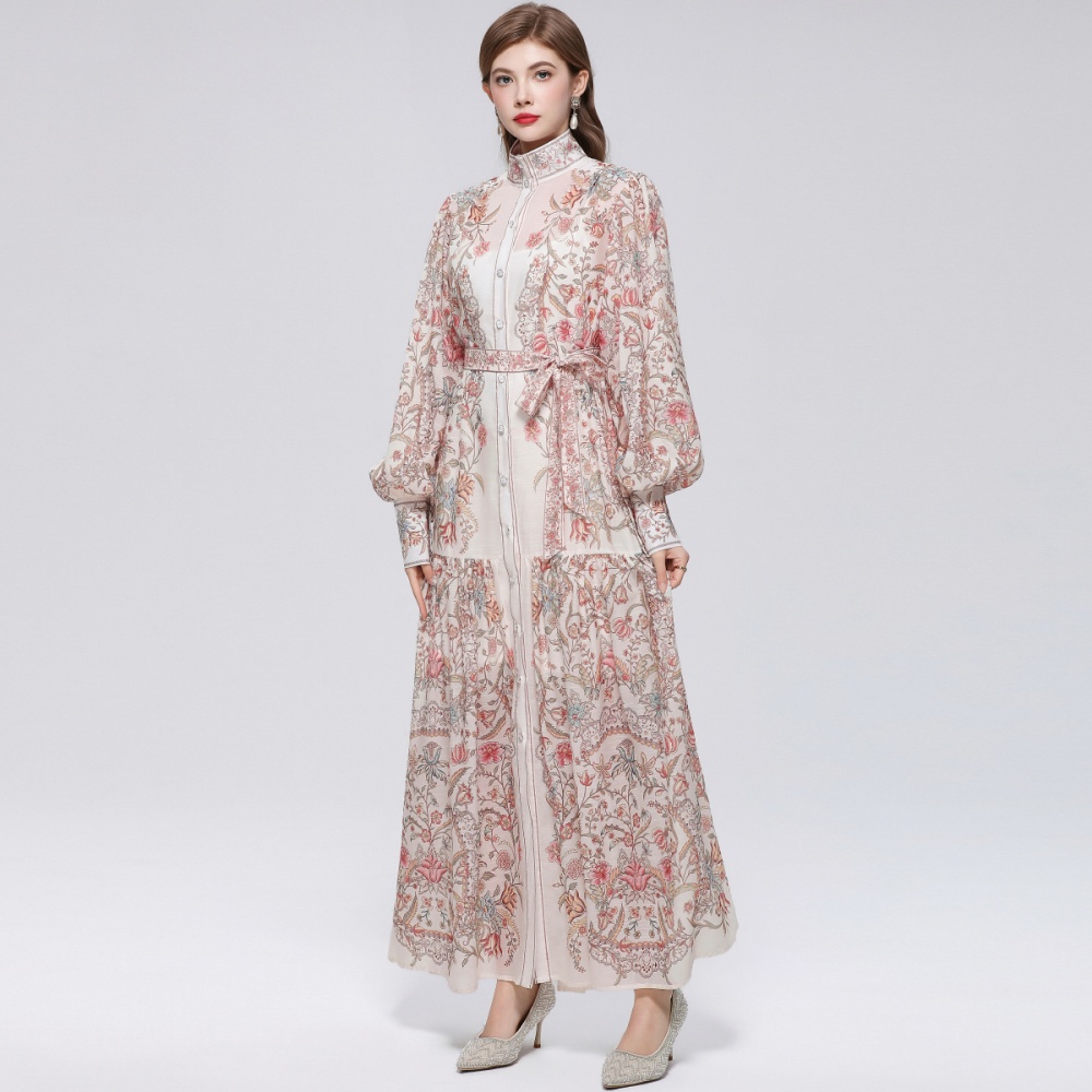 Niche cstand collar long sleeve printing dress