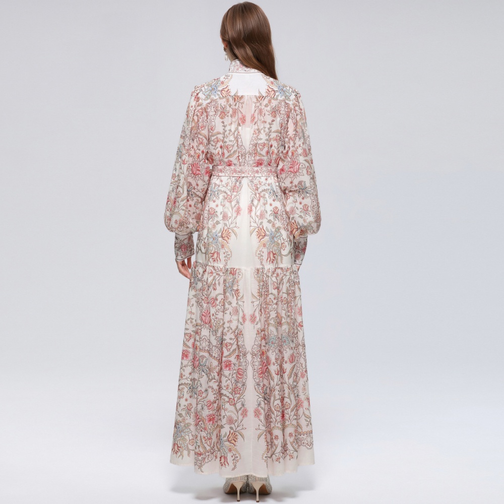 Niche cstand collar long sleeve printing dress