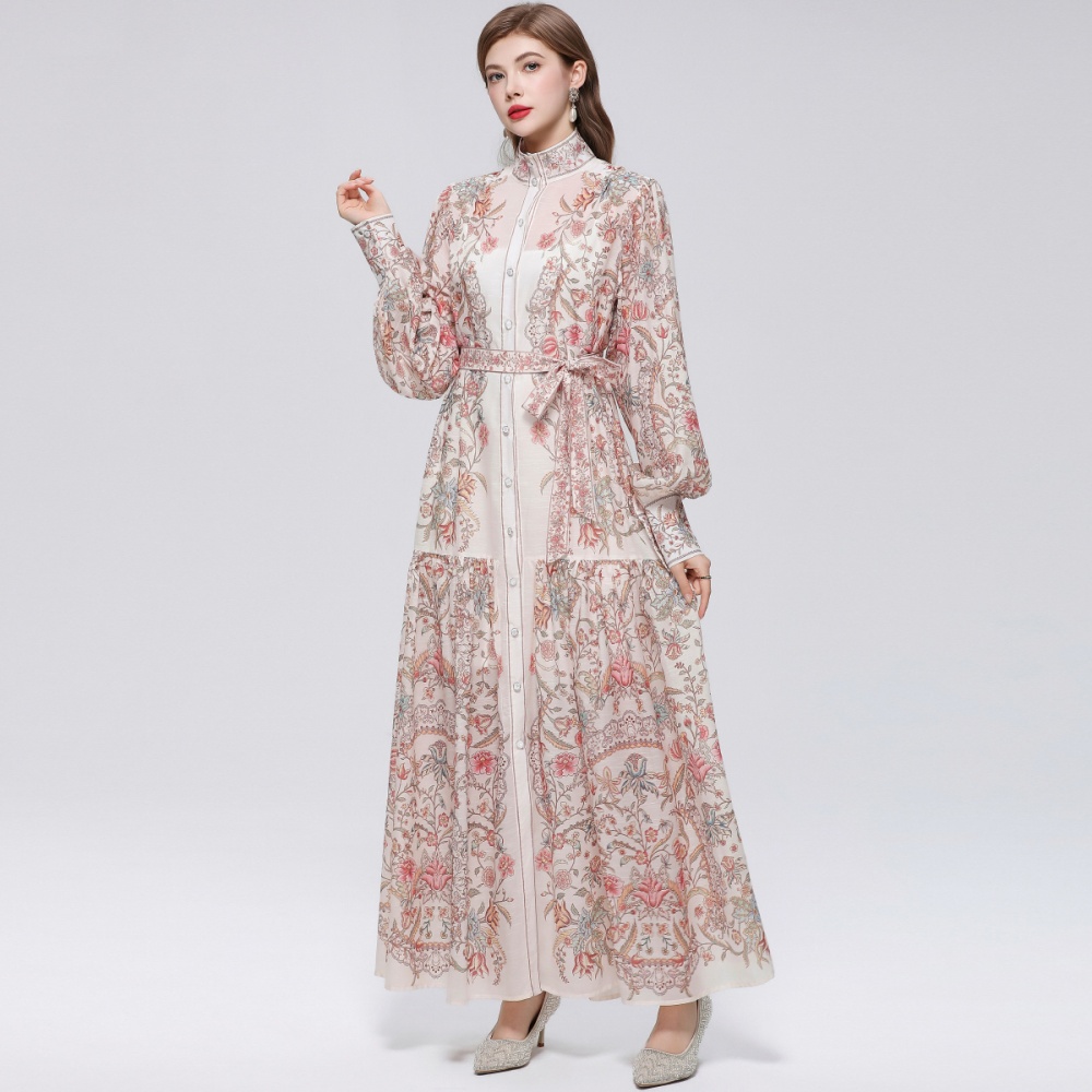 Niche cstand collar long sleeve printing dress