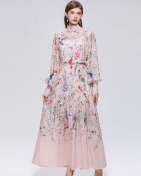 Printing big skirt long sleeve pinched waist dress