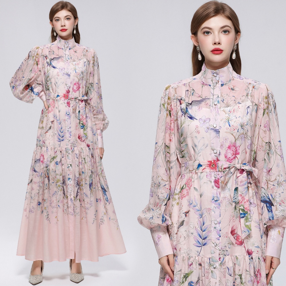 Printing big skirt long sleeve pinched waist dress