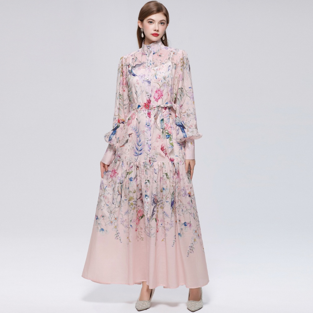 Printing big skirt long sleeve pinched waist dress