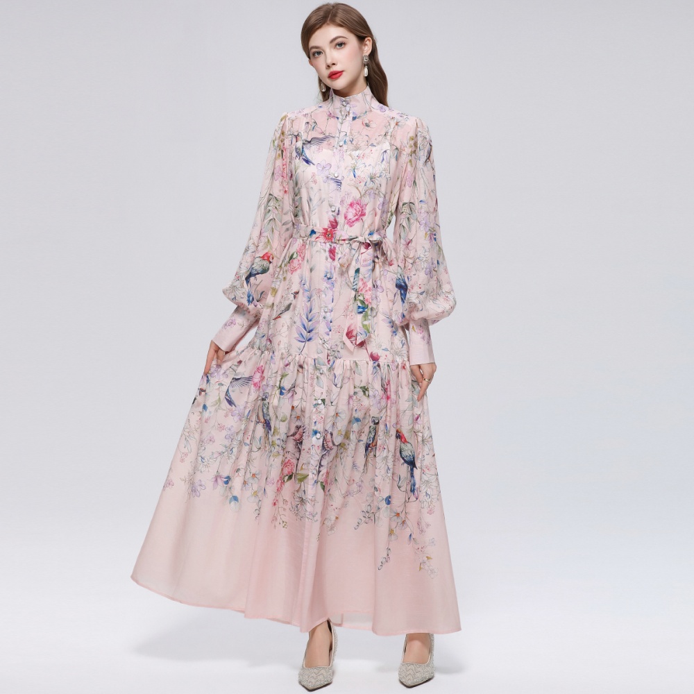 Printing big skirt long sleeve pinched waist dress