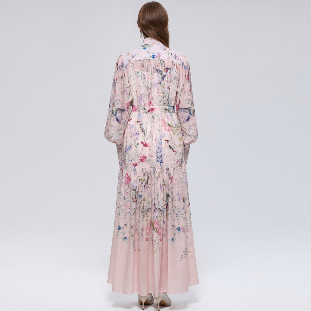 Printing big skirt long sleeve pinched waist dress