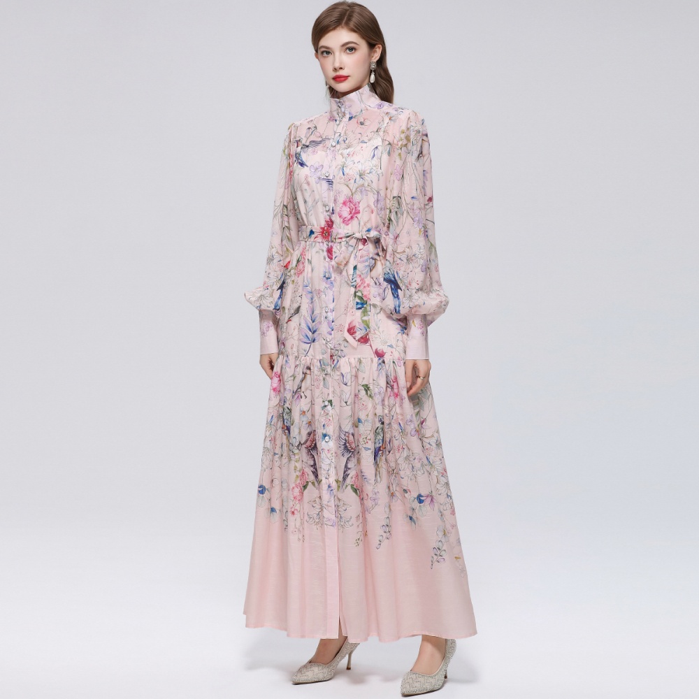 Printing big skirt long sleeve pinched waist dress