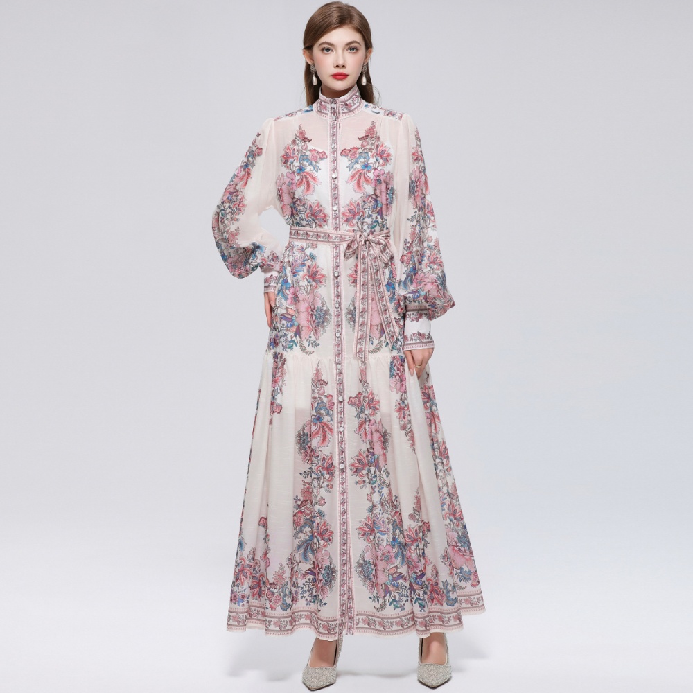 Pinched waist long sleeve big skirt dress