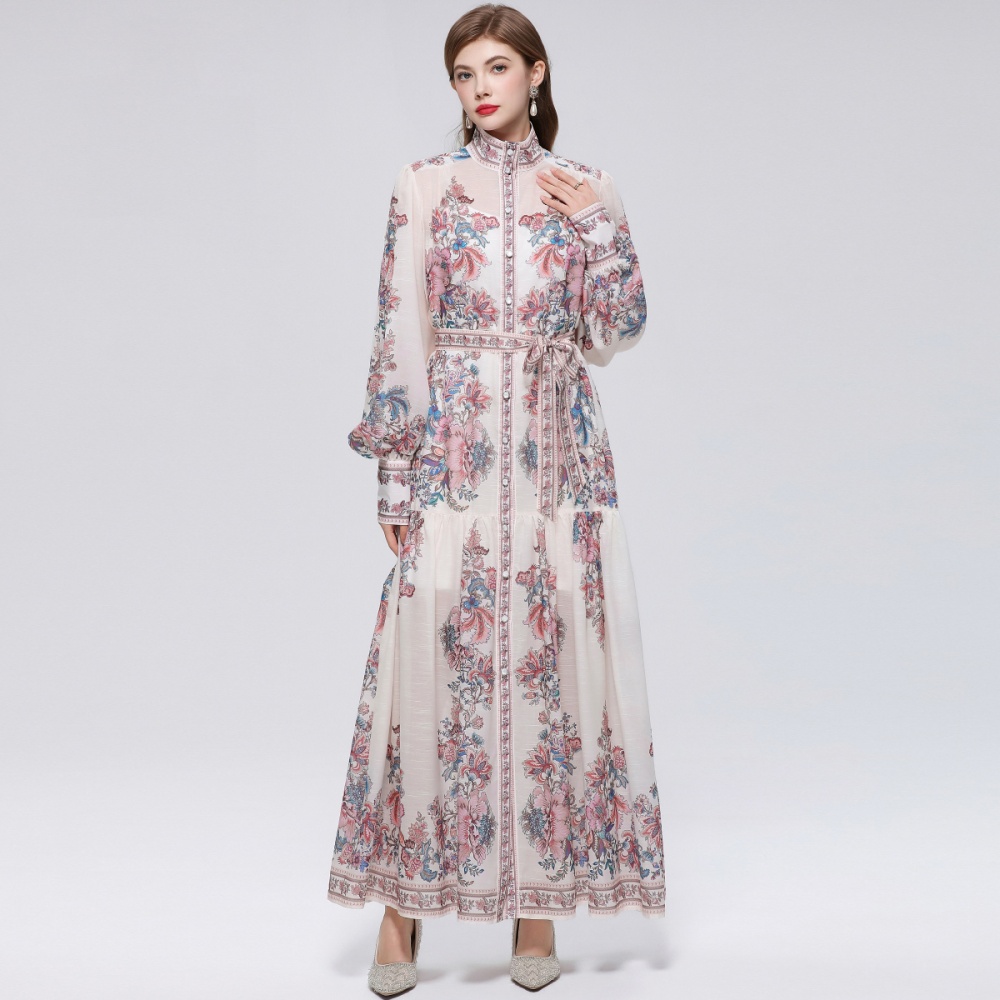 Pinched waist long sleeve big skirt dress