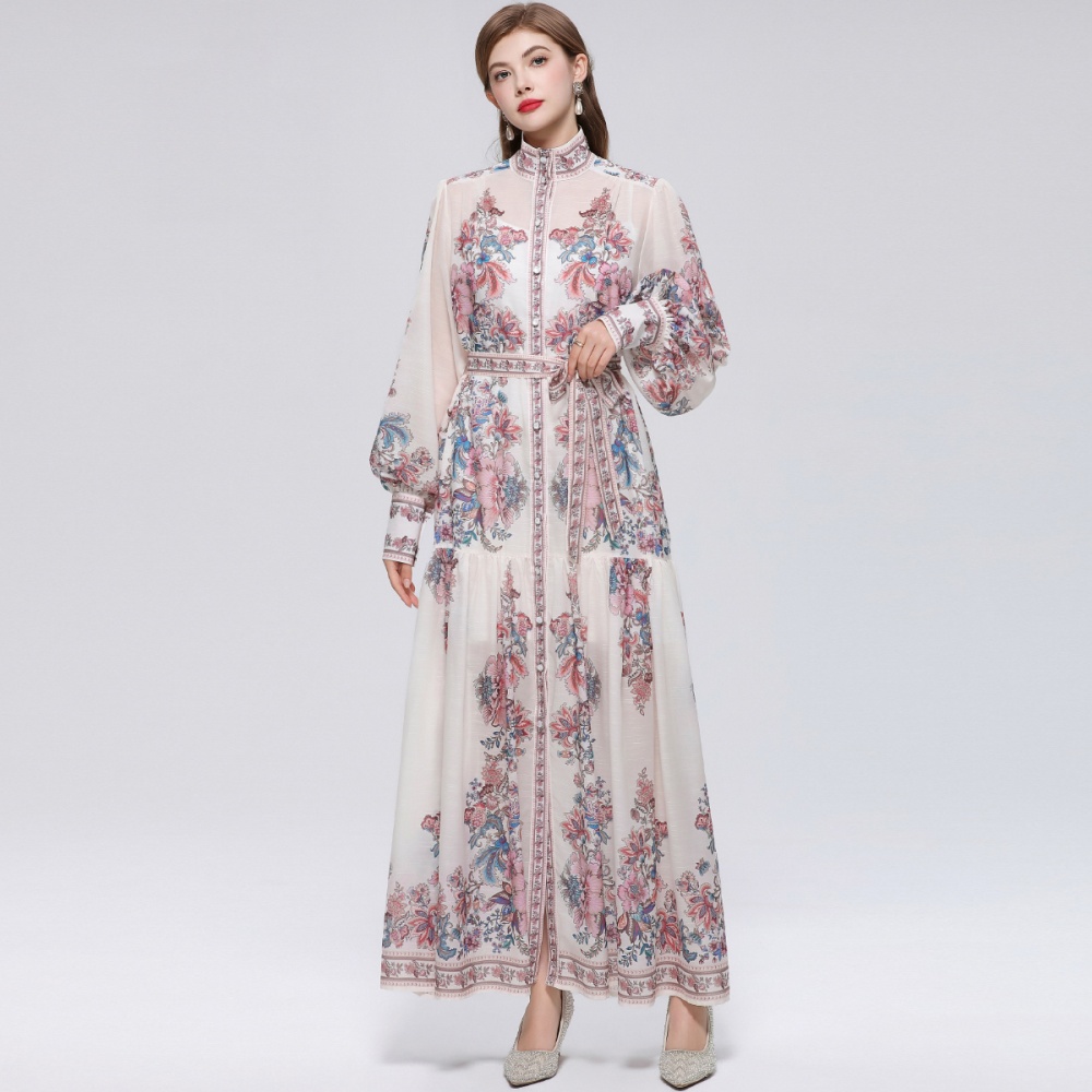 Pinched waist long sleeve big skirt dress