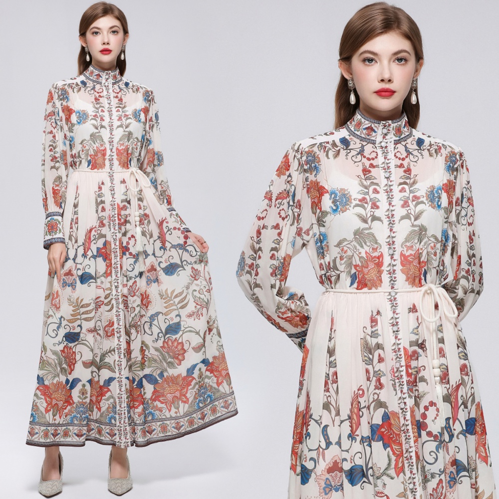 Niche big skirt long sleeve pinched waist dress