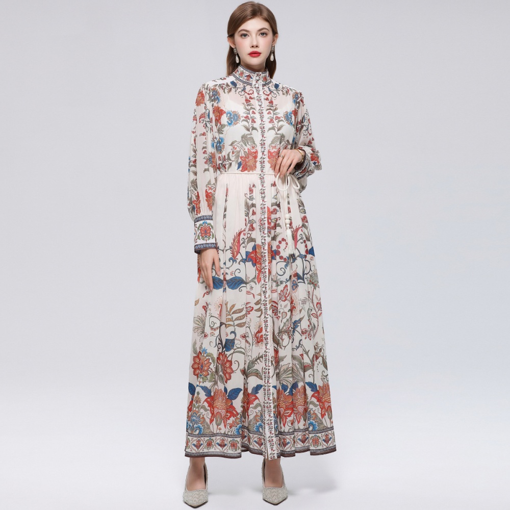 Niche big skirt long sleeve pinched waist dress