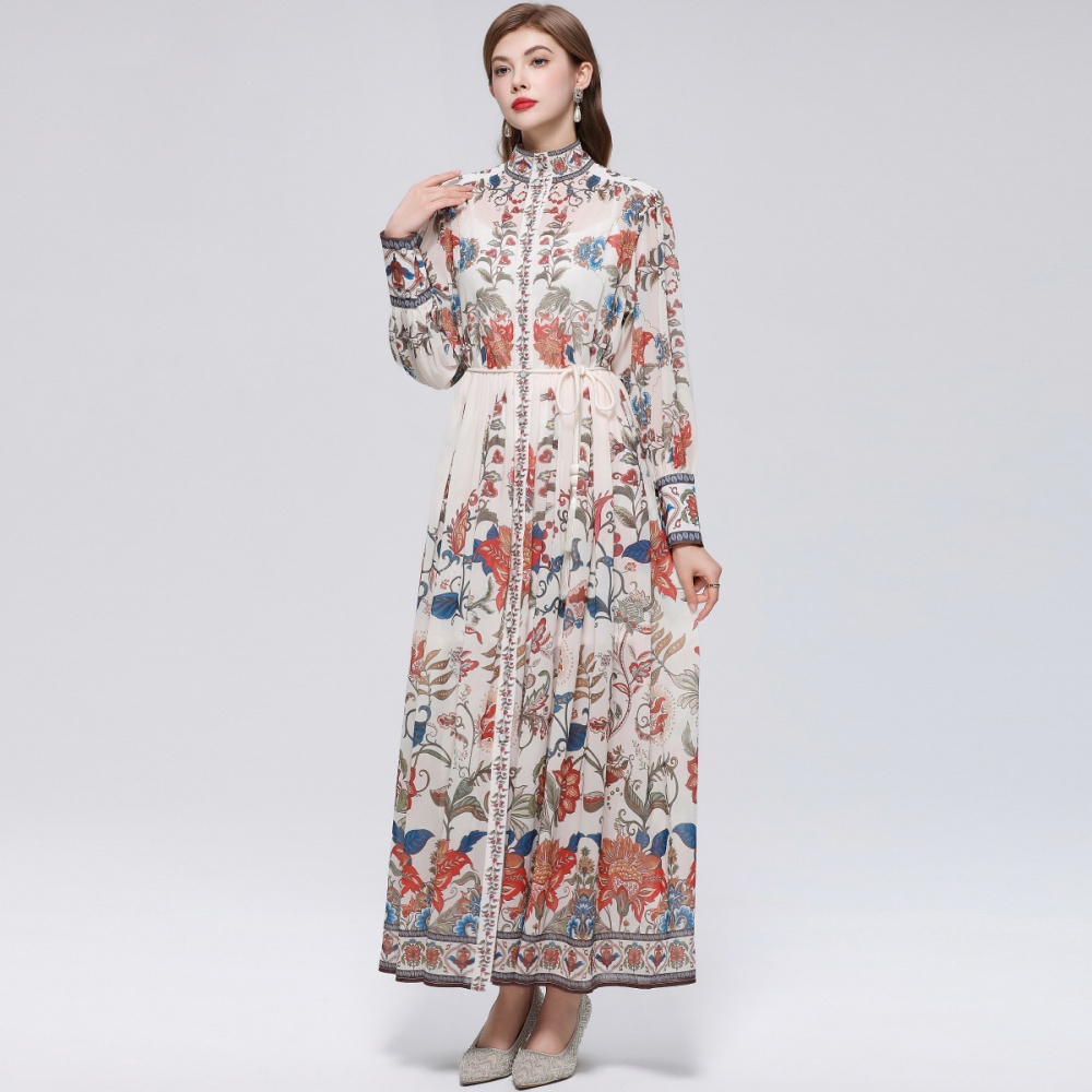 Niche big skirt long sleeve pinched waist dress