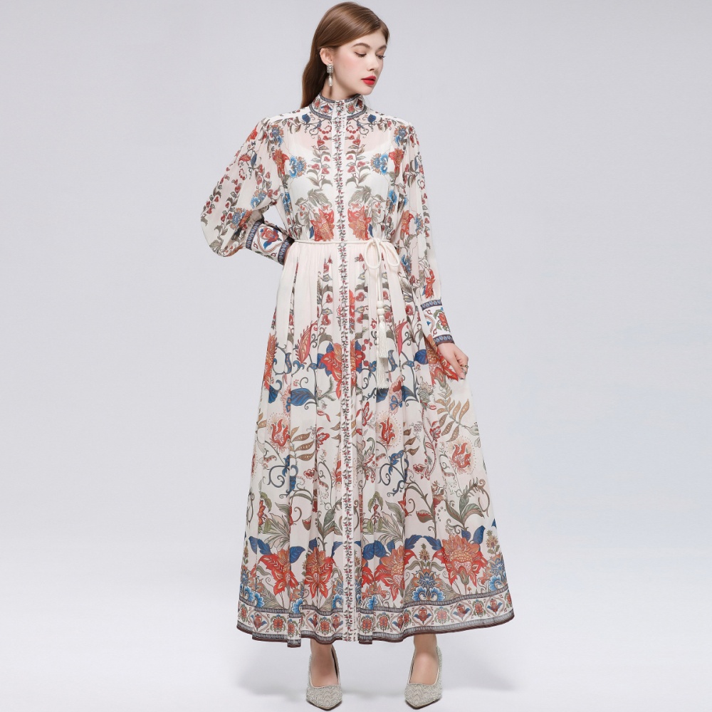 Niche big skirt long sleeve pinched waist dress