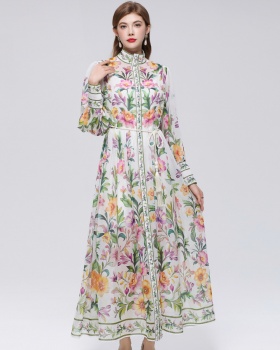 France style pinched waist cstand collar printing dress