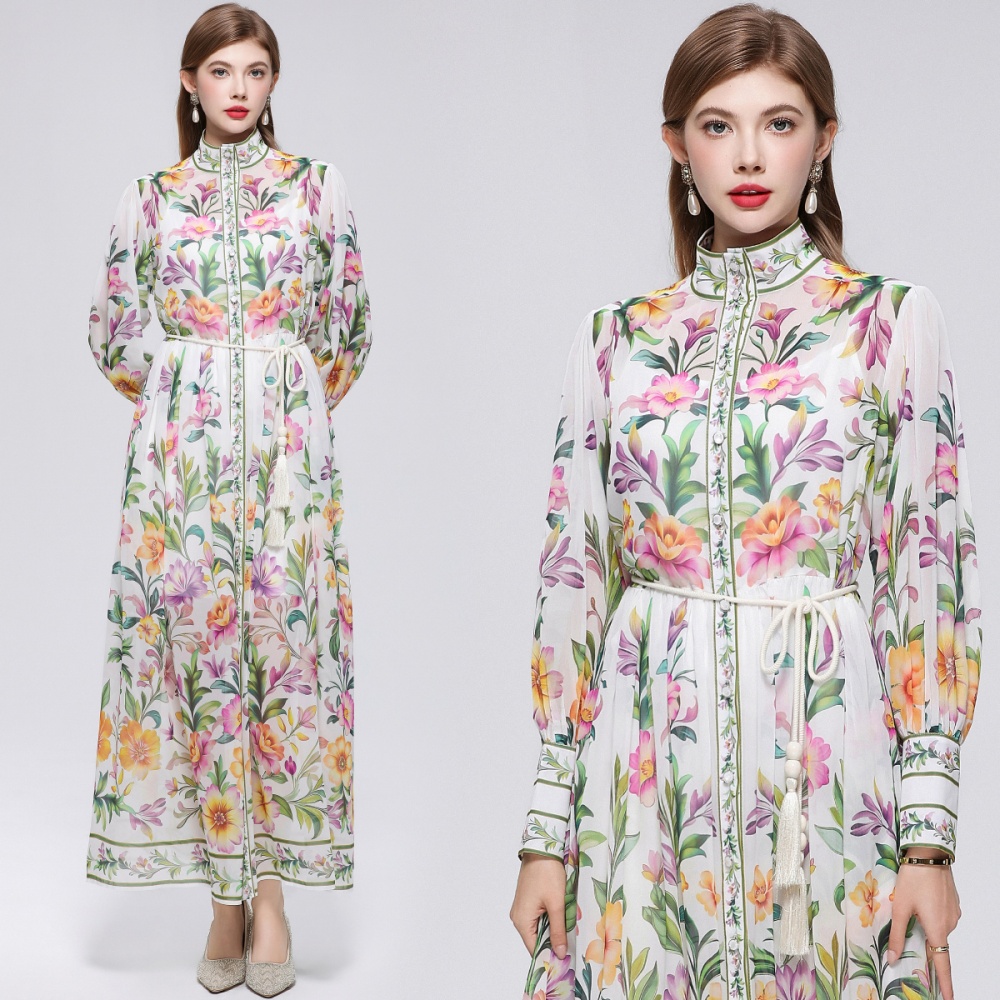 France style pinched waist cstand collar printing dress