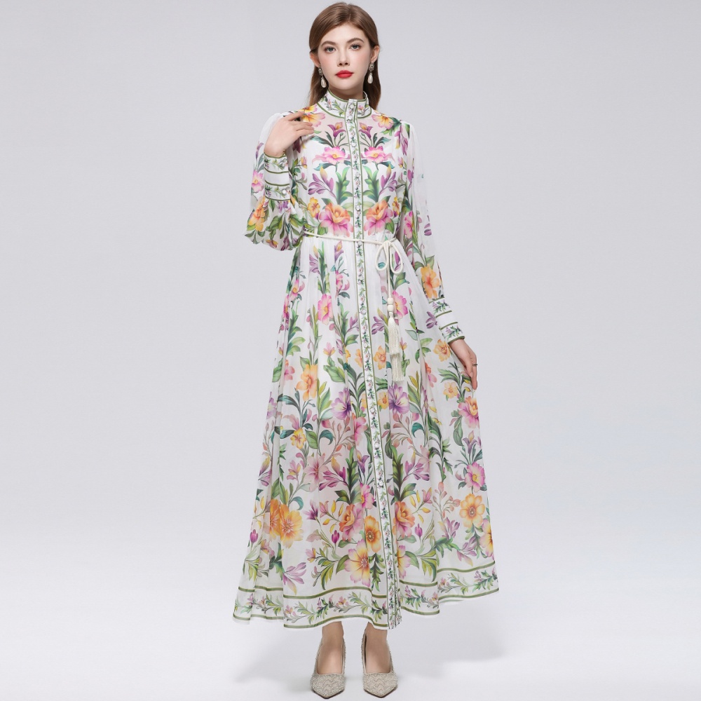France style pinched waist cstand collar printing dress