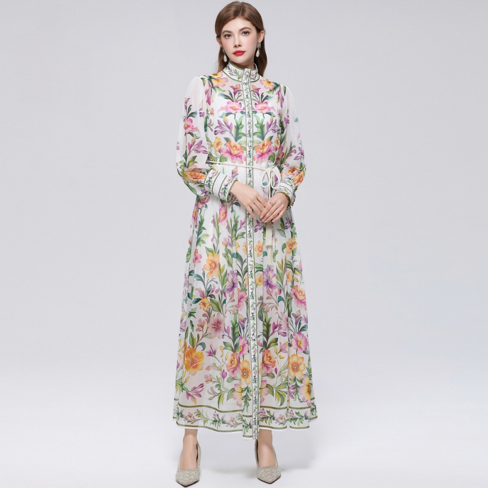 France style pinched waist cstand collar printing dress