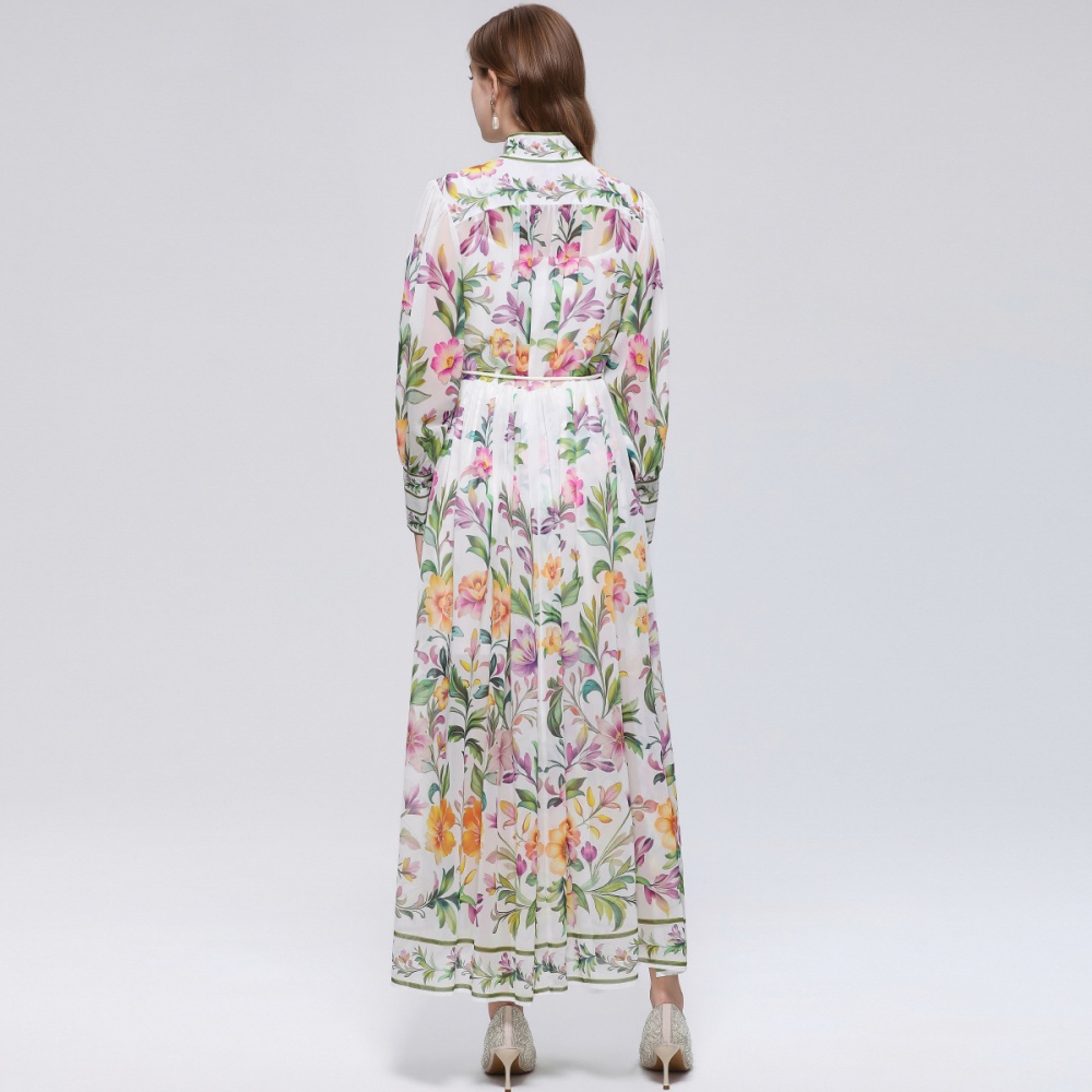 France style pinched waist cstand collar printing dress