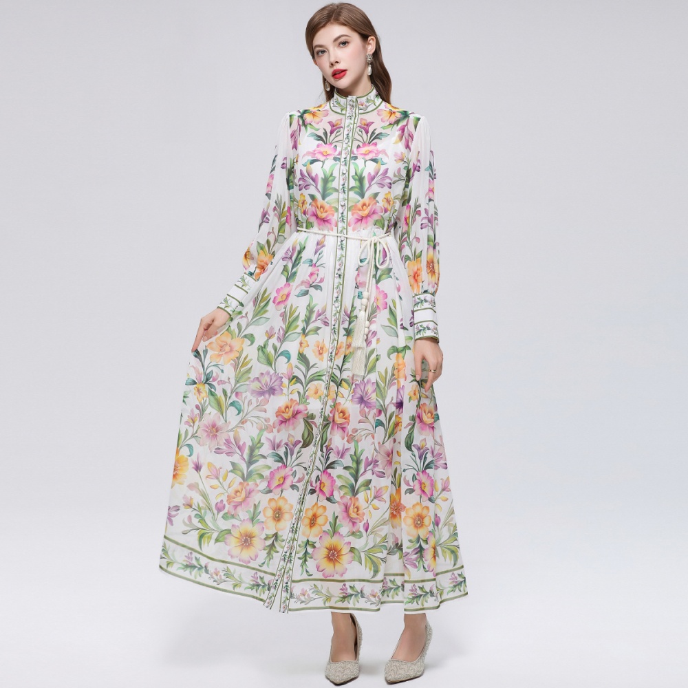 France style pinched waist cstand collar printing dress