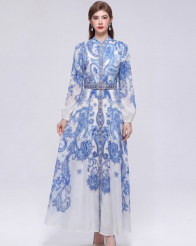 Cstand collar printing long sleeve pinched waist dress
