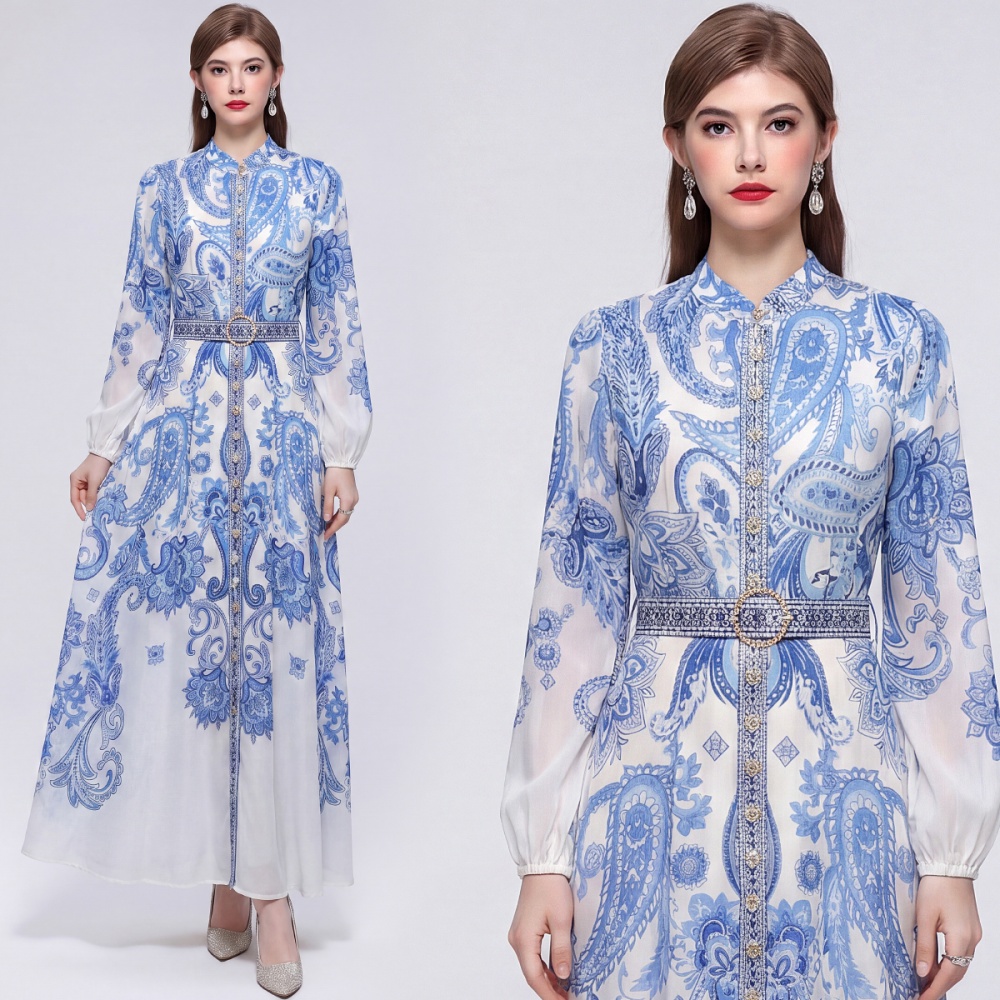 Cstand collar printing long sleeve pinched waist dress