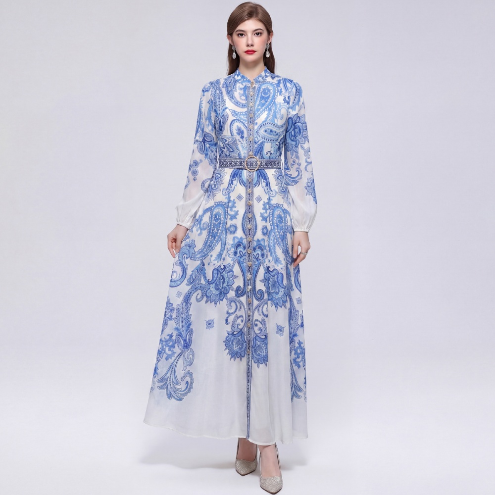 Cstand collar printing long sleeve pinched waist dress
