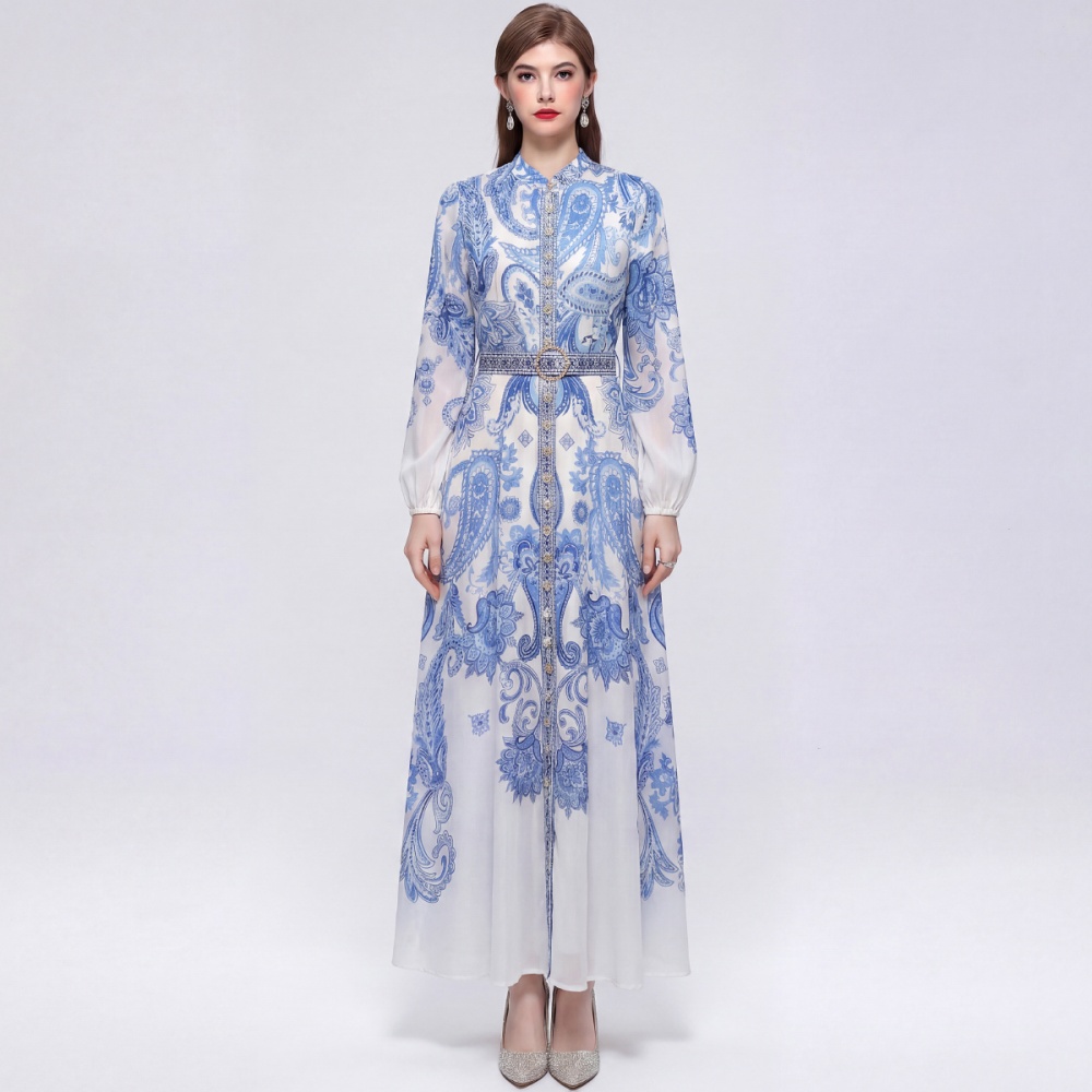 Cstand collar printing long sleeve pinched waist dress