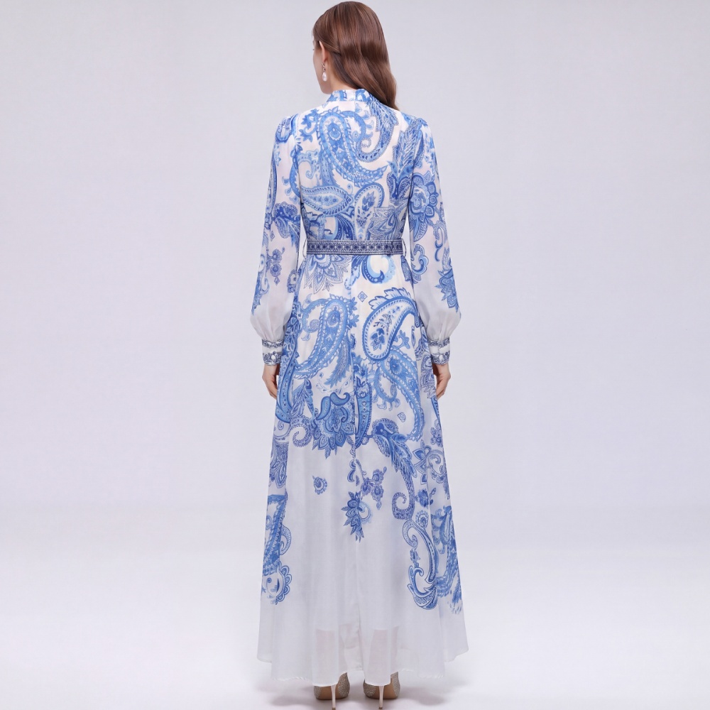 Cstand collar printing long sleeve pinched waist dress