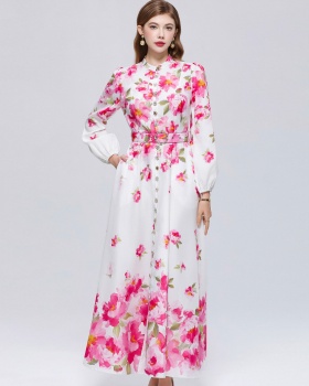 Pinched waist retro long sleeve big skirt dress