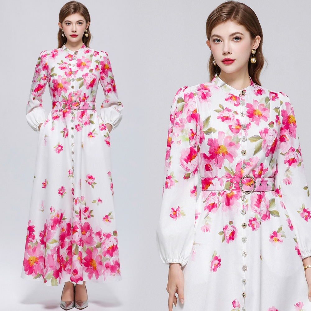 Pinched waist retro long sleeve big skirt dress