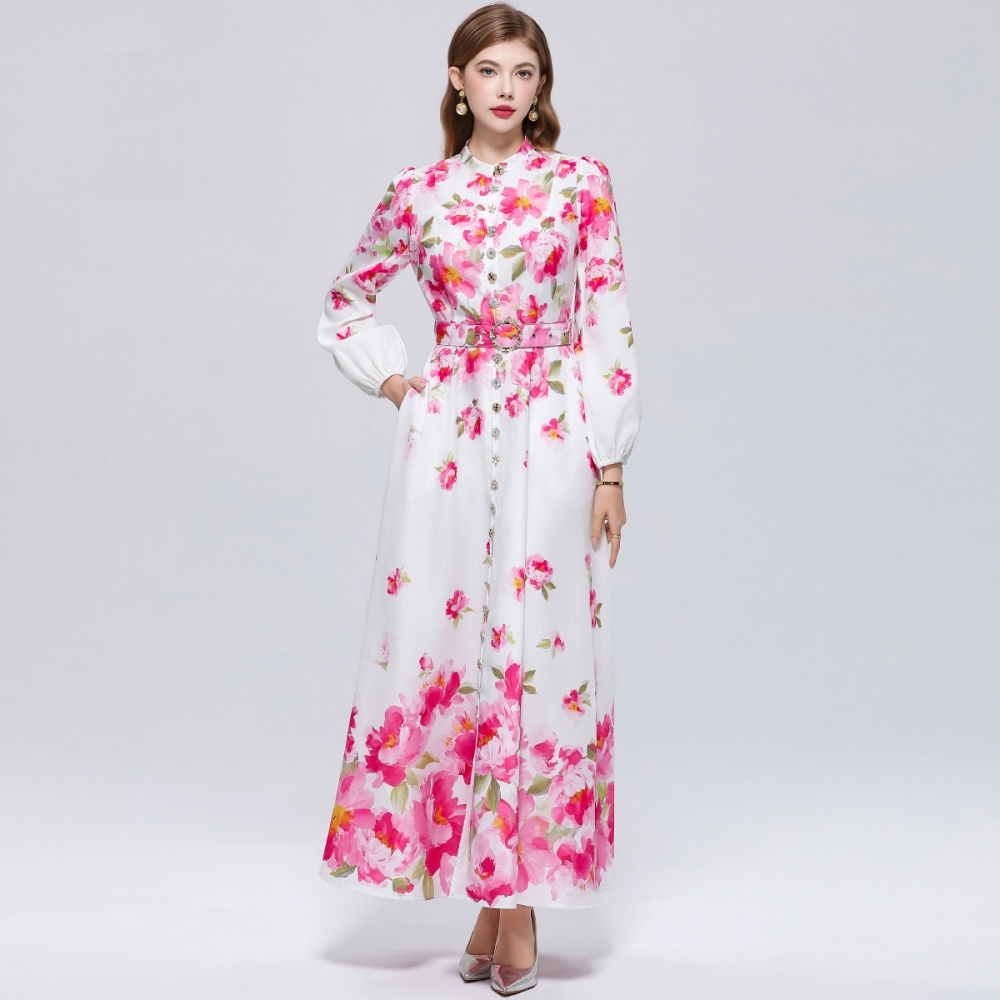 Pinched waist retro long sleeve big skirt dress
