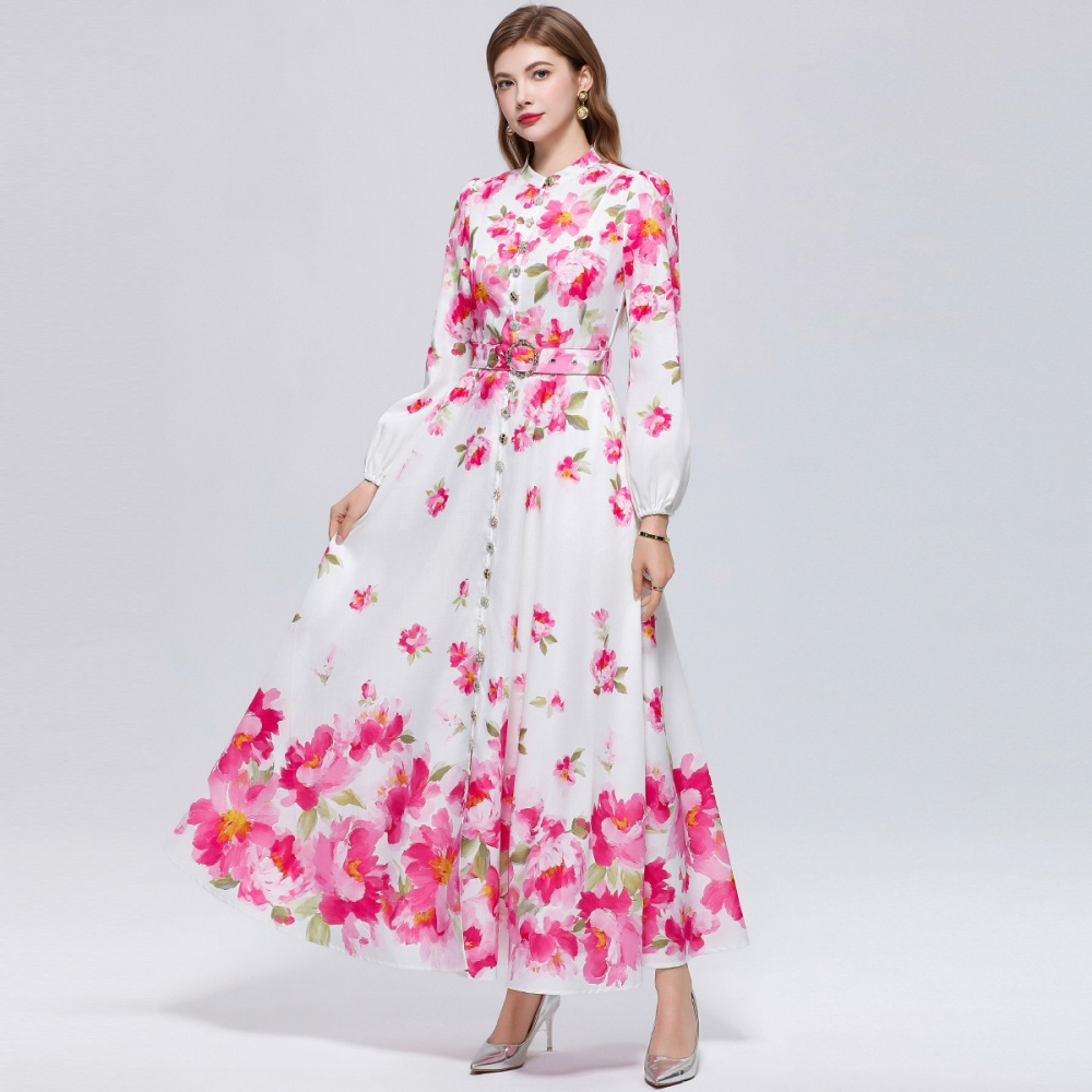 Pinched waist retro long sleeve big skirt dress