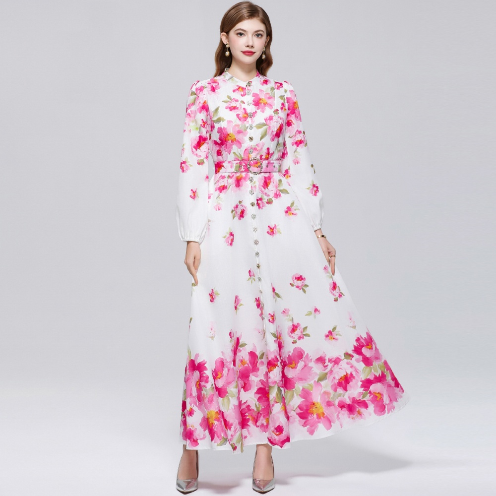 Pinched waist retro long sleeve big skirt dress