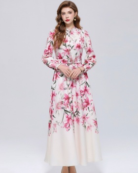 Cstand collar long sleeve single-breasted retro dress